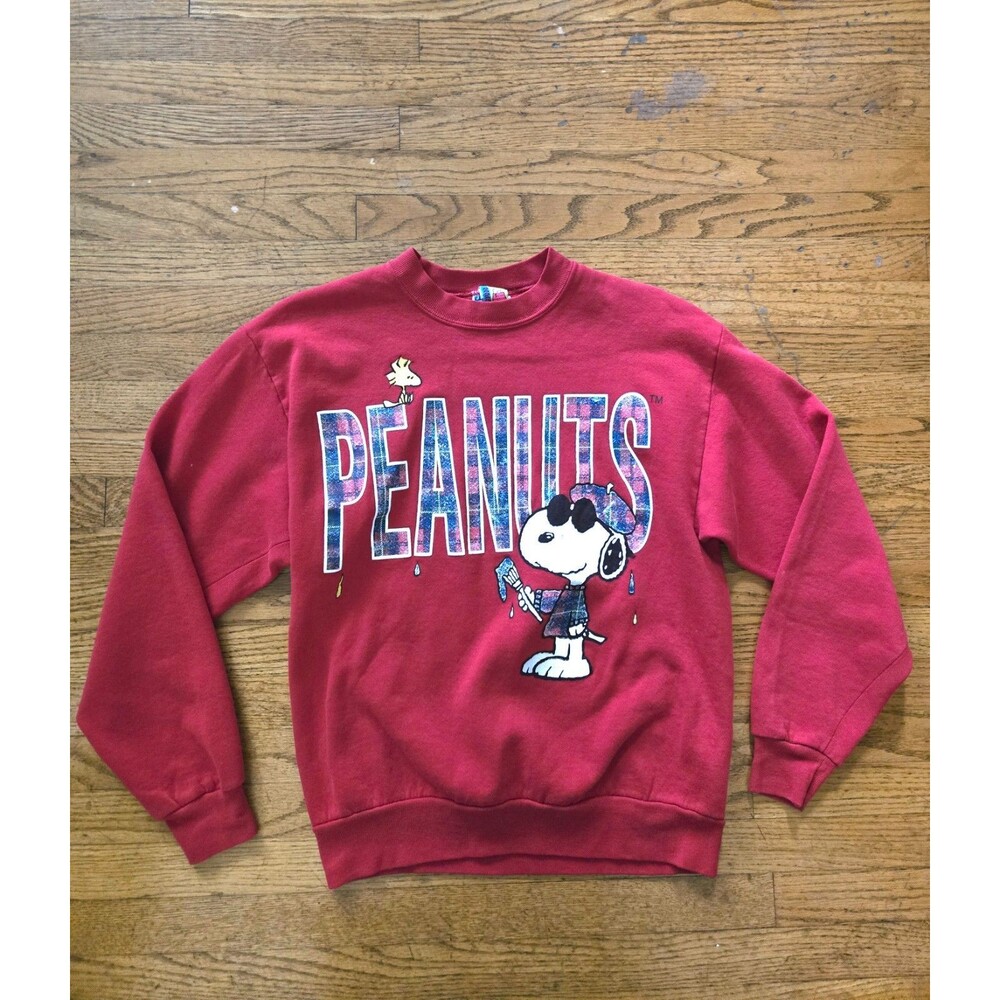 Vintage Snoopy Sweatshirt Adult Large Red Tartan Plaid Peanuts Made In USA 90s
